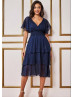 Navy Blue Lurex Chiffon Elastic Waist Party Dress